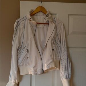Elegant White Bomber Jacket with Blue Details